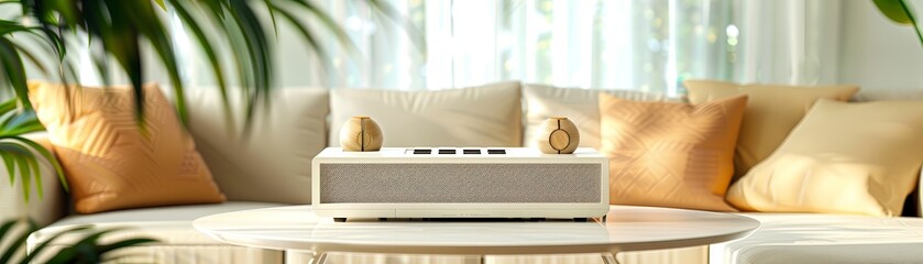 Sticker - Modern Speaker on a Coffee Table with Pillows and Greenery.