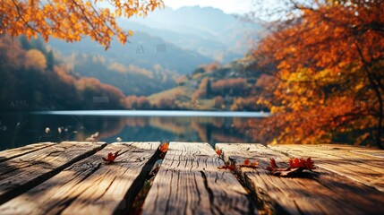 Wall Mural - The close up picture of empty table that has been made from the wood material and placed near river surrounded by mountain and forest, the lake is a large area of water surrounded by the land. AIGX02.