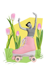 Sticker - Vertical collage image of excited mini black white colors girl inside vintage roller skate huge fresh tulip flowers isolated on drawing background