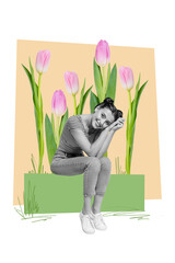 Sticker - Vertical collage picture of peaceful positive mini black white effect girl big growing tulip flowers isolated on creative background