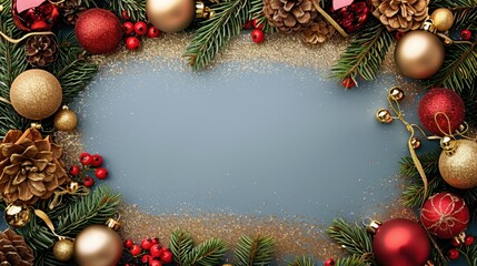 Wall Mural - A festive Christmas frame decorated with pine branches, red and gold baubles, pinecones, and berries, arranged in a border style, highlighting holiday spirit and ornate design.