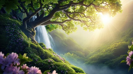 Wall Mural - Majestic forest waterfall: A cascading waterfall surrounded by lush greenery and vibrant wildflowers, with sunlight filtering through the canopy.