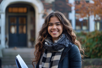 Wall Mural - In a tailored suit school uniform, African American high school student beams with confidence as she holds folder, against backdrop of outdoors, heralding promising future.