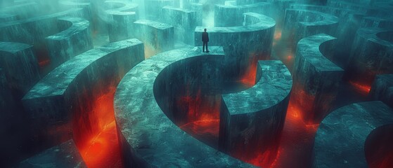 Wall Mural - A man stands in a maze of blue and red blocks