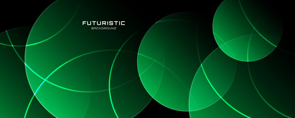 3D green abstract background overlap layer on dark space with circles shape effect decoration. Modern graphic design element lines style concept for web banner, poster, flyer, card, cover, or brochure