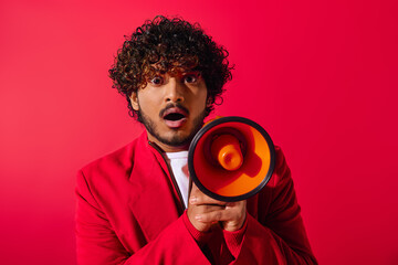 Wall Mural - Handsome Indian man in vibrant outfit holds orange megaphone.