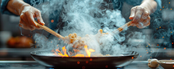 Wall Mural - A man is cooking food in a pan with smoke coming out of it. The man is using chopsticks to stir the food