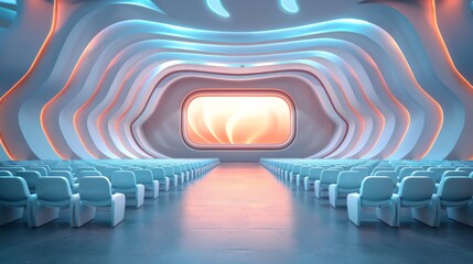 a surreal hyperreal business presentation in an abstract, floating auditorium with digital visuals, capturing a dreamlike corporate environment, offering ample copy space for text