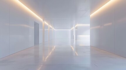 Wall Mural - ethereal lightfilled hall minimalist white walls and floor soft led glow from above creating an atmosphere of serene emptiness and infinite possibility