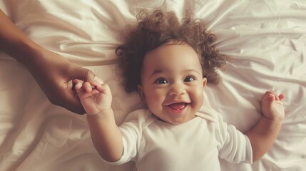 Caucasian mum, foster single parent holding hands of happy cute adorable adopted infant african american baby girl daughter lying on bed. Child care, diverse ethnicity mother and child