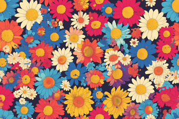 Canvas Print - Vibrant multicolored daisies in bold shades of red, blue, yellow, and orange on a dark background, forming a striking seamless pattern.