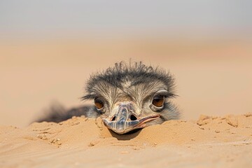 Wall Mural - Bury your head in the sand. Vertical view of a female Ostrich with its head in the sand