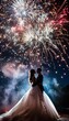 © decorator - Romantic bride and groom under dazzling fireworks in ultra realistic high res photo