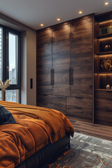 Wall Mural - Interior of bedroom with wooden wardrobe in brown color in modern apartment.