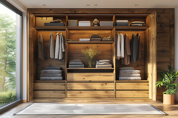 Wall Mural - Interior of wardrobe with simple wooden furniture in modern house.