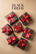 © Pablo Kluba - Get ready for the ultimate black friday celebration with beautifully wrapped gift boxes on a stylish beige background, perfect for capturing the essence of the holiday season