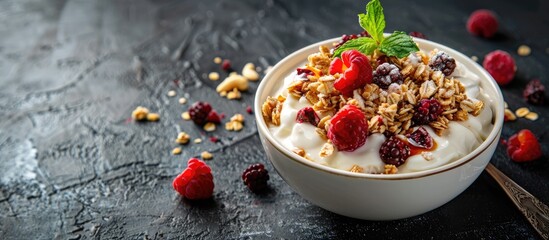 Aufkleber - Selective focus on a honey nuts granola yogurt breakfast bowl against a dark concrete backdrop, with room for text or images (copy space image).