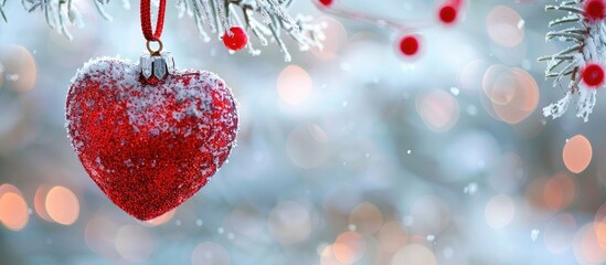 Leinwandbilder - A Christmas decoration adorned with a red heart, set against a snowy backdrop, providing an ideal copy space image.
