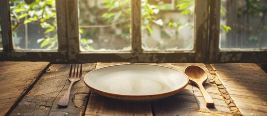 Aufkleber - An empty plate, along with a wooden spoon and fork, rests on a brown wooden table by a window with a view, creating a perfect copy space image.