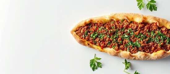 Wall Mural - Turkish minced meat pide on a white background, with a copy space image.