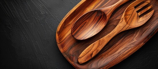 Aufkleber - A wooden dish, spoon, and fork are seen up close on a black background in a top-view copy space image.