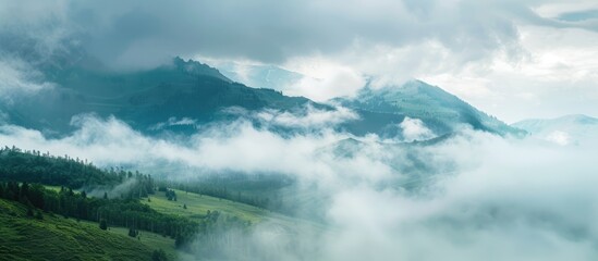 Poster - Mountain landscape with copy space image featuring drifting low clouds.