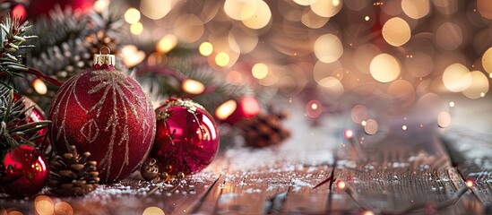 Poster - Festive Christmas ornaments on a wooden backdrop with copy space image.