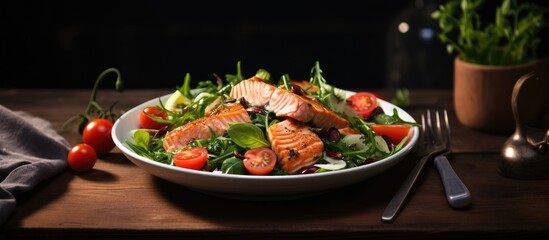 Wall Mural - Salmon salad with cherry tomatoes on a plate placed on a gray surface with a wooden stand, accompanied by a fork, in a horizontal photograph with copy space image.