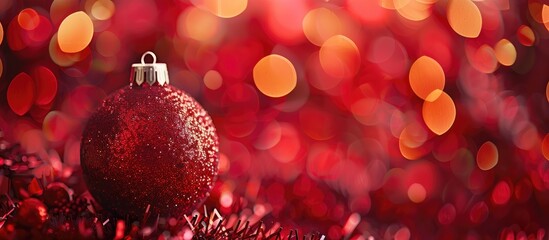 Poster - A red Christmas ball on a bright abstract background creates a festive holiday atmosphere for a Christmas greeting card with a blurred effect, allowing room for additional elements in the image.