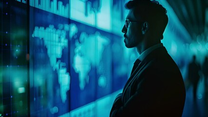 Leinwandbilder - A man in a suit stands in front of a wall of large screens, observing data that appears to show global trends and statistics.