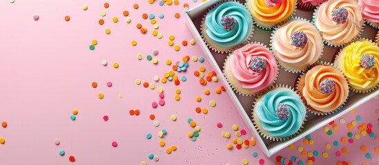 Poster - Colorful background enhances the appeal of the box with delicious cupcakes, ideal for showcasing in a copy space image.