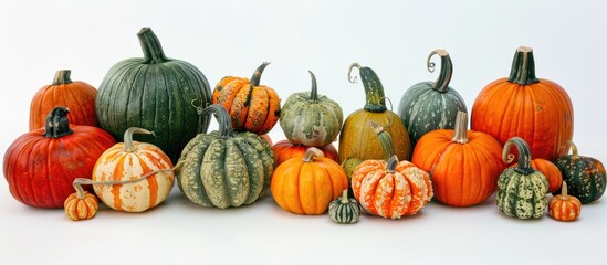 Poster - Various pumpkins arranged in front of a blank backdrop create a visually appealing copy space image.