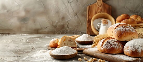 Poster - Ingredients for baking homemade bread in a kitchen setting with copy space image available.