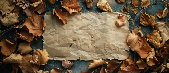 Aufkleber - Fall-themed backdrop with dried leaves and a blank sheet for a copy space image