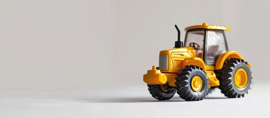 Toy yellow tractor model on a white background with copy space image.