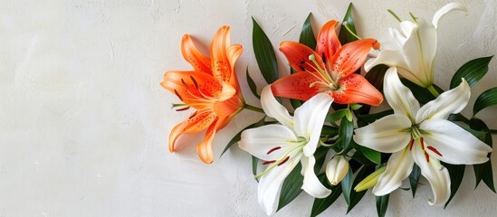 Aufkleber - A floral arrangement featuring lilies on a white table with copy space for text, emphasizing the flowers in the image.