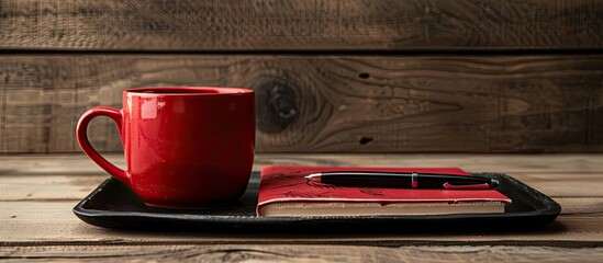 Aufkleber - A red tea or coffee cup, ceramic mug, a copybook with pen on a black tray against a wooden backdrop, offering copy space image.