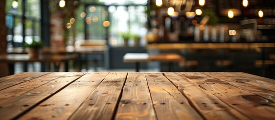 Poster - Empty brown wooden table with selected focus and blur Coffee shop background, perfect for photomontage or product display with copy space image.