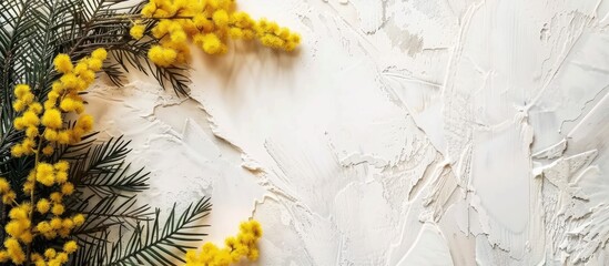 Fototapete - White surface featuring Mimosa blooms, ideal for expressing a concept linked to Spring, Easter, or Women's Day. Flat view layout with room for text.