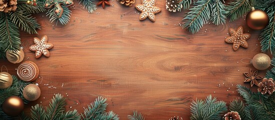 Poster - Rustic wooden board adorned with fir branches, Christmas ornaments, and cookies, forming a festive holiday background frame with empty space for text or images.