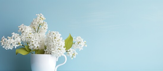 Aufkleber - A cup filled with white lilacs on a light blue backdrop with copy space image.
