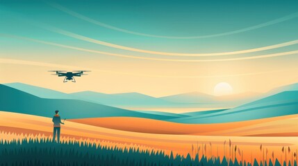 Wall Mural - Precision agriculture, drones monitoring crops, flat design illustration