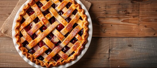 Poster - Plum pie display on white plate against a wooden backdrop in a health-conscious food context, suggesting diet, nutrition, and eating habits with space for text.