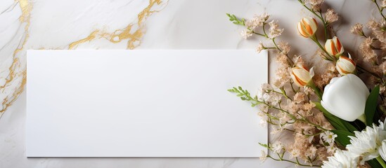 Aufkleber - A beautifully adorned wedding invitation displayed on a white tablecloth next to a floral arrangement, creating a charming setting with copy space image.