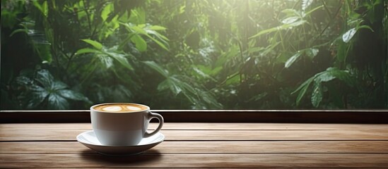 Aufkleber - A single cup of coffee on a wooden table, positioned close to a window with empty space for an image.