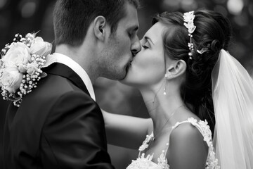 Affectionate Bride and Groom Kissing on Their Wedding Day in the Park