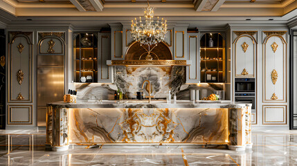 Wall Mural - a luxurious kitchen with a massive marble topped island as the centerpiece, adorned with a gleaming gold faucet	
