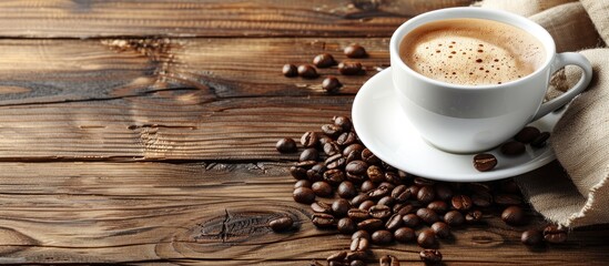 Aufkleber - Coffee beans, cup, saucer, and drink on a rustic table with copy space image.