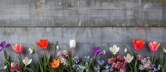 Wall Mural - Grey wooden backdrop adorned with a row of tulips, snowdrops, and crocuses, creating a spring-themed border with an ample empty copy space image for decoration.