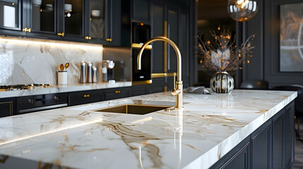 Wall Mural - a luxurious kitchen with a massive marble topped island as the centerpiece, adorned with a gleaming gold faucet	
